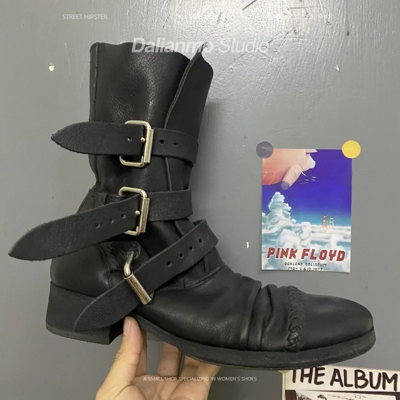 Vintage Style Women Fashion - Bottes de moto en cuir véritable