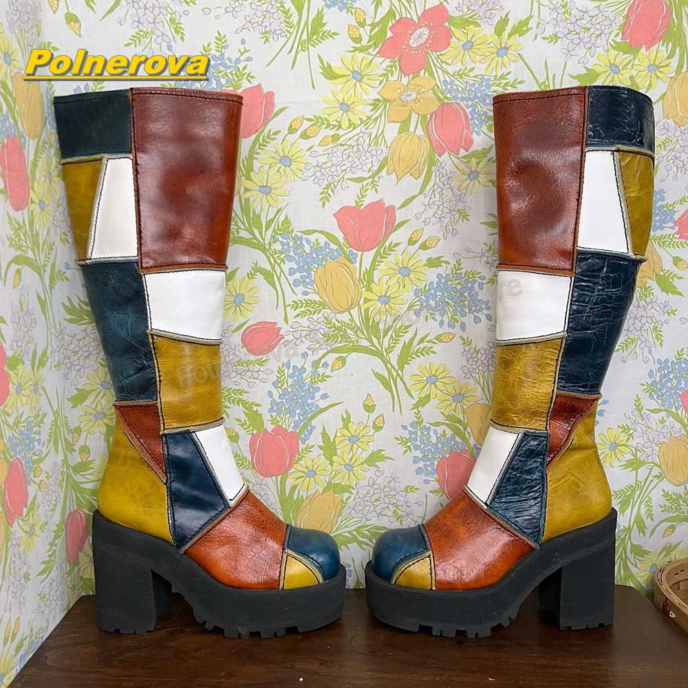 Vintage Style Women Fashion - Bottes hautes en cuir patchwork rétro